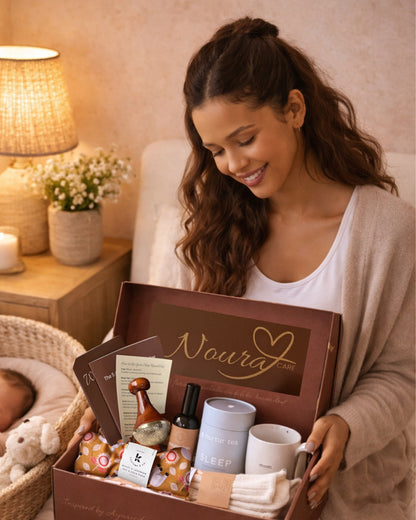 A new Mother gifted with Noura Care's sleep ritual set in her early months of Motherhood