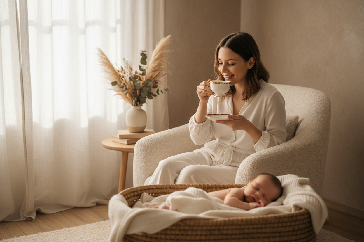 an image of a new mum in her 20's sipping tea while baby sleeps near her. mum is happy and takin care of herself