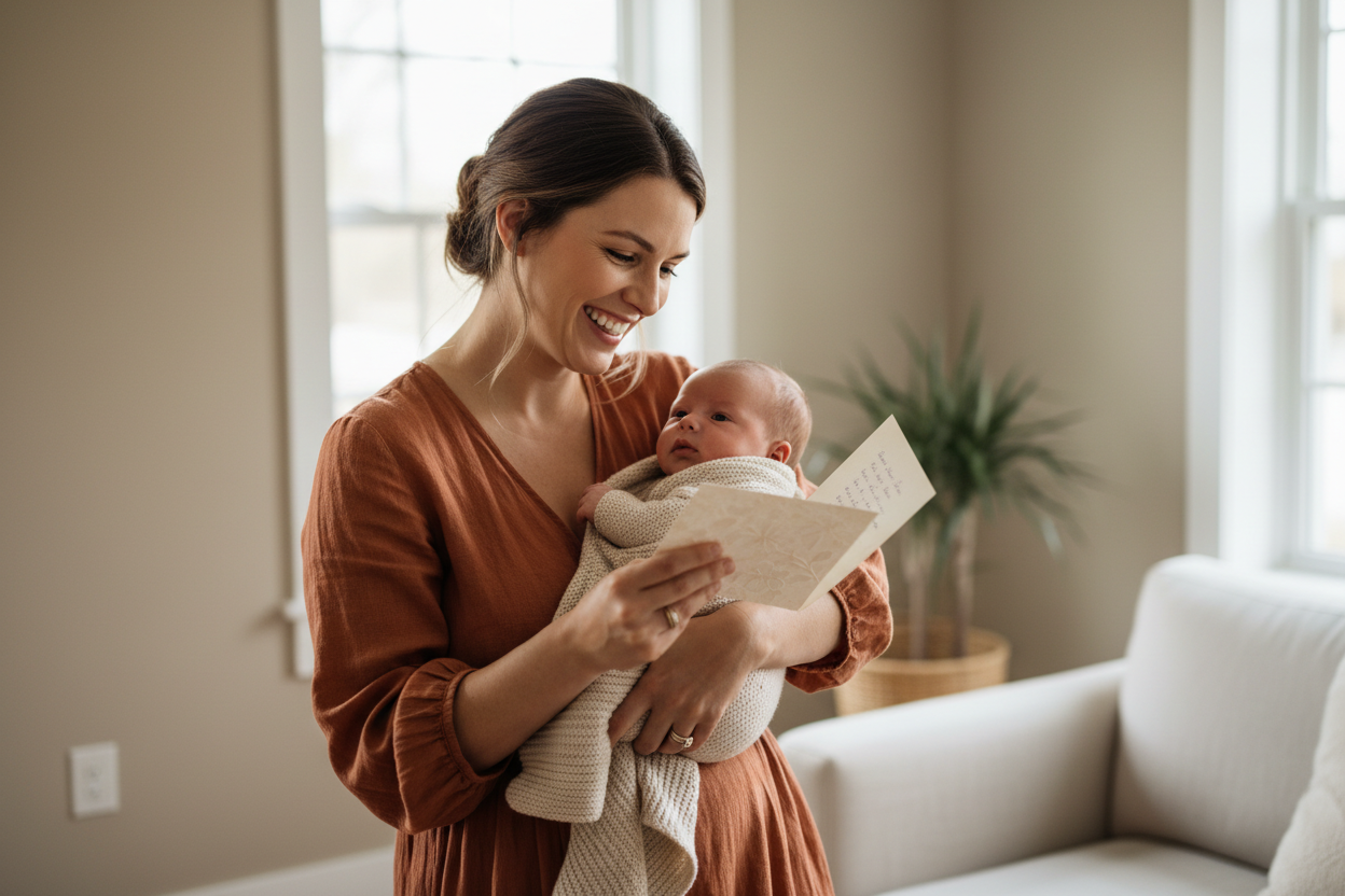 Mother holding baby and card